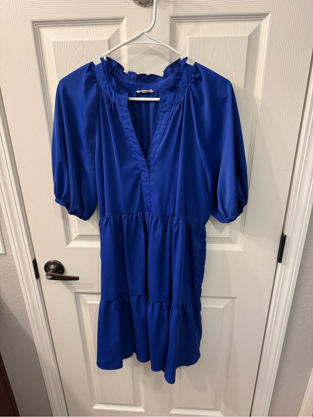 Royal Blue V-Neck Tiered Puff Sleeve Tunic